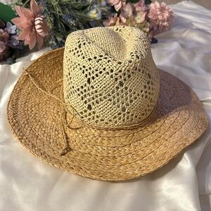 Talbots Summer Straw Cowboy Hat Two tone Tan with Straw Bow Boho